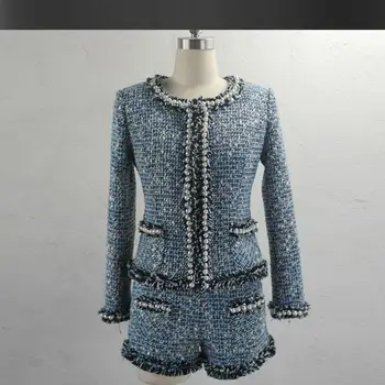Blå tweed jakke +nederdele passer beaded Elegante foråret / efteråret ny avanceret tilpasning Tunge jakke frakke / shorts, der passer 2051