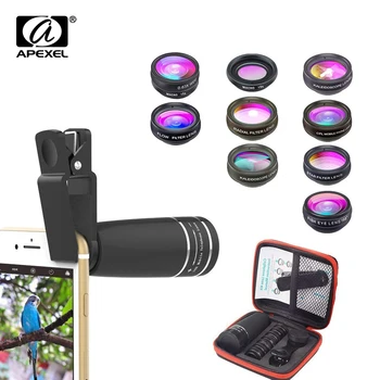 APEXEL 10 i 1 Linse Sæt Telefonens Kamera, Linse Kit Fish Eye Bred Makro-Stjernede Filter CPL Linser til iPhone XS Mate Samsung LG Redmi 2903