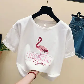 2019 Mode Cool Flamingo Print Kvindelige T-shirt Hvid Bomuld Kvinder t-shirts Sommeren Afslappet Harajuku T-Shirt plus size kvinder Toppe