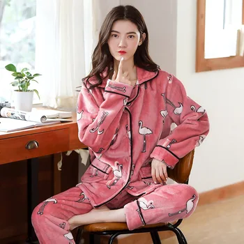 2 Stykker Vinteren Kvinder Tykkere Varme Bløde Pyjamas Kvindelige Flannel Pyjamas Sæt Mujer Lange Ærmer Nattøj til Piger, Damer Pyjamas