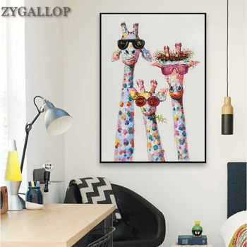 Giraf-familien Med Briller på Lærred Maleri Dyr Væg Kunst Print på Lærred Plakater Farverige Giraf Billeder til Soveværelse Indretning