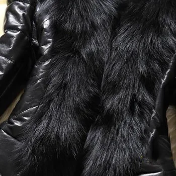 Kvinder PU Læder Frakke Afslappet langærmet Satin Fox Fur Collar Vest Vinter Jakke, Frakke Kvinder