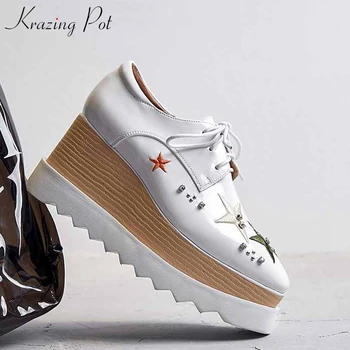 Krazing pot ny ægte læder firkantet tå kvinder pumper med krystal broderi mærke elegant luksus snøre foråret orientalske sko L50.
