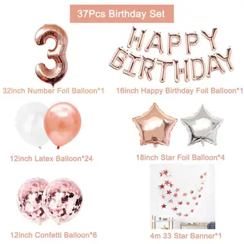 37pcs Rose Gold Nummer 3 Folie Balloner Sæt 3rd Birthday Party Dekorationer Baby Dreng Pige 3 År tillykke med Fødselsdagen Indretning Pink Blå