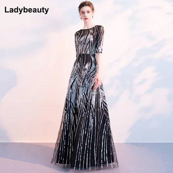 Ladybeauty 2019 Aften Kjole med Pailetter En Linje, Halv Ærmer Formel Kjole aftenselskab Kjole Lejlighed Kjoler Robe De Soiree