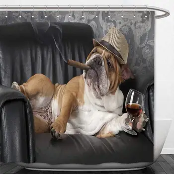 3D badeforhæng humoristisk foto af den engelske bulldog, hviler i en sort læderstol med en cigar og et glas