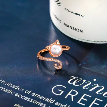 Søde Simuleret Pearl Kat Ring Med Zirkonia Justerbare Ringe Til Kvinder, Piger Mode Gave Smykker Engros