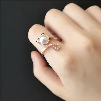 Søde Simuleret Pearl Kat Ring Med Zirkonia Justerbare Ringe Til Kvinder, Piger Mode Gave Smykker Engros