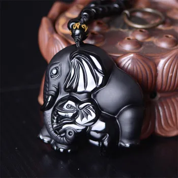 Trabajo en mano chino obsidiana negra Naturlige tallada madre bebé lindo elefante amuleto afortunado colgante krave joyería