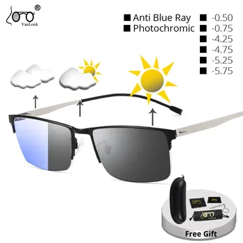 Nærsynethed Fotokromisk Solbriller Skrueløs Brillerne Anti Blue Ray Computer-Briller Til Mænd-0.50-4.25-4.75-5.25-5.75-6.00