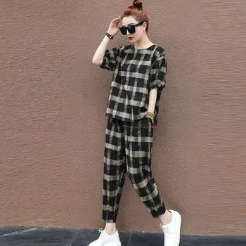 Kvinder Sætter Plaid T-shirt Ankel-længde Bukser Plus Størrelse 4XL Løs elegant Tøj, Mode koreansk Stil Slim Harajuku Hip-hop Ulzzang