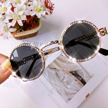 2019 Vintage Runde Diamant Solbriller Kvinder Luksus Mærke Steampunk Rød Sort Klar Linse Rhinestone Briller UV400 Gafas de sol