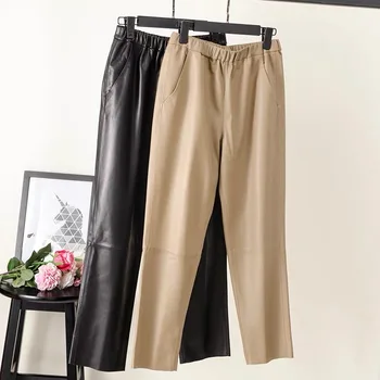 Kvinder pnats Ægte læder bukser Kvinder læder bukser med høj talje harem bukser plus size 2020 ny Elastisk talje streetwear bukser