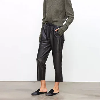 Kvinder pnats Ægte læder bukser Kvinder læder bukser med høj talje harem bukser plus size 2020 ny Elastisk talje streetwear bukser