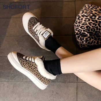 SHOFORT Casual Flade Sko 2020 Mode Leopard Kort Plys Varme Damer Sko Casual-Alle-match, Non-slip Lace-up Sneakers Kvinder
