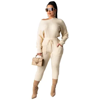 Office Lady Two Piece Set Sexy Off Shoulder Tops And Pocket Pants 2 Piece Outft Autumn Winter New Sweater Ribbed Pull Femme Suit 10670