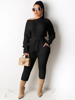 Office Lady Two Piece Set Sexy Off Shoulder Tops And Pocket Pants 2 Piece Outft Autumn Winter New Sweater Ribbed Pull Femme Suit