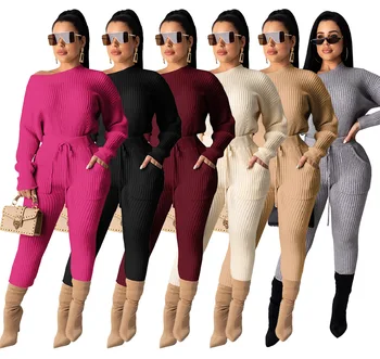 Office Lady Two Piece Set Sexy Off Shoulder Tops And Pocket Pants 2 Piece Outft Autumn Winter New Sweater Ribbed Pull Femme Suit