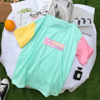 Koreansk Stil Kvinder T-shirt i Bomuld Summer Harajuku Kpop Elsker Dig Svar Album Trykt Pastel Farve Toppe, t-shirt femme