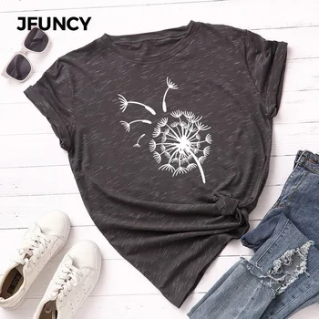 JFUNCY Plus Size Kvinder Sommer T-Shirt i Bomuld kortærmet Kvindelige T-Shirt, der Flyver Mælkebøtte Trykt Kvinde Tees Dame Toppe