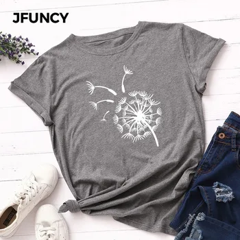 JFUNCY Plus Size Kvinder Sommer T-Shirt i Bomuld kortærmet Kvindelige T-Shirt, der Flyver Mælkebøtte Trykt Kvinde Tees Dame Toppe