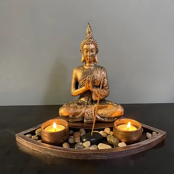 Buddha Hoved Skulptur Zen Haven Sæt Fyrfadslyset Lysestager Træ-Display Skuffe Boligtilbehør 2021 Nytår Dekoration