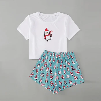 Casual Jul Penguin Tegnefilm Trykt Kortærmet T-Shirt Shorts Kvinder Pyjamas Sæt To Stykker Kvinder Sætter Jul Sæt
