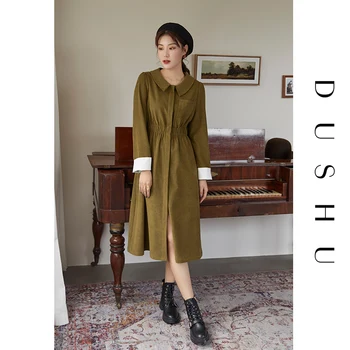 DUSHU Plus size efterår og vinter vintage skjorte kjole Kvinder slank split sexet lang kjole Kvindelige lange ærmer elegante kontor kjole 2020