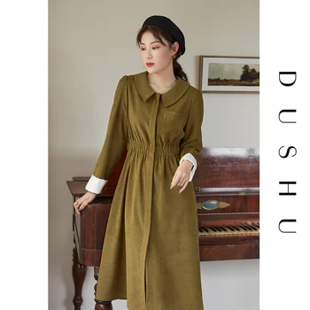DUSHU Plus size efterår og vinter vintage skjorte kjole Kvinder slank split sexet lang kjole Kvindelige lange ærmer elegante kontor kjole 2020