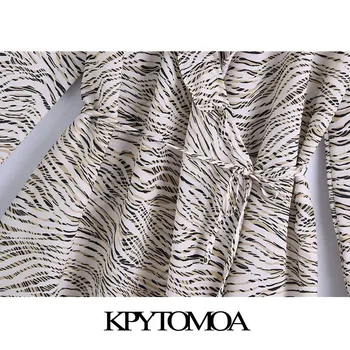 KPYTOMOA Kvinder 2021 Chic Mode Med Bælte dyreprint Wrap Mini Kjole Vintage Lange Ærmer Pjusket Kvindelige Kjoler Vestidos
