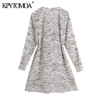 KPYTOMOA Kvinder 2021 Chic Mode Med Bælte dyreprint Wrap Mini Kjole Vintage Lange Ærmer Pjusket Kvindelige Kjoler Vestidos