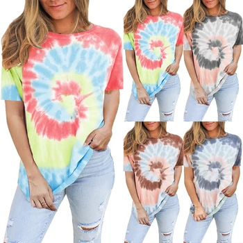 2020 Sommeren Nye Tie Dye Farverige Print T-Shirt til Kvinder, Piger Casual Korte Ærmer O-Neck Tops Pullovere Plus Size Kvinder Tees