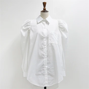 Colorfaith Nye 2020-Kvinder Sommer Bluse Shirts Fashionable Enkelt Breasted Casual Lommer Puff Ærmer Wild Lady Hvide Toppe BL507