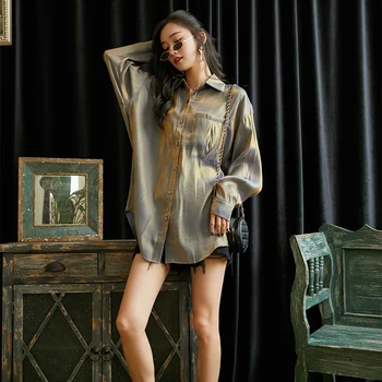 Cheerart Chiffon Langærmet Skjorte Bluse Kvinder Glitter Løs Top Streetwear Efteråret 2019 Knap Op-Shirt Damer Tøj