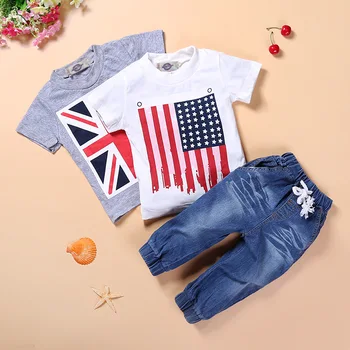 2019 Sommeren drengens tøj sæt 3stk baby dreng jakkesæt bomuld Børn bomuld grå Flag kortærmet skjorte+hvide skjorter +Jeans