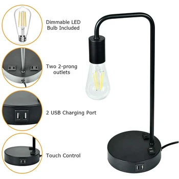 Den industrielle Touch Kontrol bordlampe med 2 USB-Opladning-Porte og 2 strømudtag 3-Vejs Dæmpbar Vintage Natbord Lampe