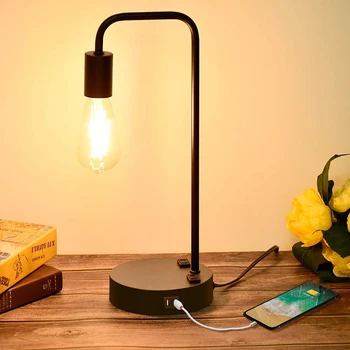 Den industrielle Touch Kontrol bordlampe med 2 USB-Opladning-Porte og 2 strømudtag 3-Vejs Dæmpbar Vintage Natbord Lampe