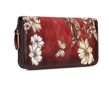 Genuine leather long purse zip embroider wallet for women