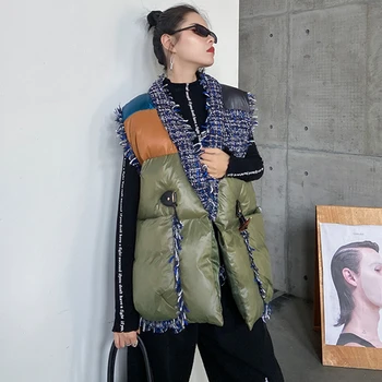 SeeBeautiful Stor Størrelse Tweed Syning af Tykke Vest med V-hals Horn Knap Lommer Kontrast Farve New Fashion 2020 Vinteren Kvinder M150