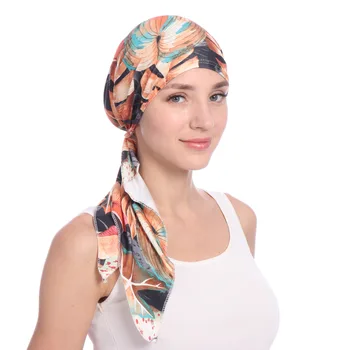 2021 Nye Elastisk Bomuld Trykt Kvinder Kemo Cap Turban Muslimske Pre-Bundet Bandanas Indre Hijab Hat Head Tørklæde Hår Tilbehør 11012