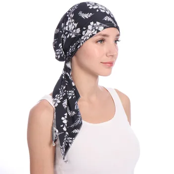 2021 Nye Elastisk Bomuld Trykt Kvinder Kemo Cap Turban Muslimske Pre-Bundet Bandanas Indre Hijab Hat Head Tørklæde Hår Tilbehør