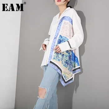 [EAM] 2021 Forår og Efterår Revers Lange Ærme Mønster Trykt Løs Uregelmæssige Stor Størrelse Shirt Kvinder Bluse Mode Tidevand FN1560