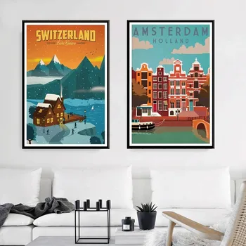 Lærred Maleri Byen Liggende Kunst Plakat og Print, New York, Holland Amsterdam London Rejser Plakater til stuen