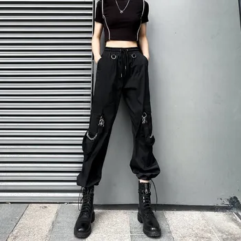 Koreansk Tøj, Baggy Bukser Kvinder Streetwear Gothic Black Cargo Bukser Kvinder Plus Size Bånd Kæde Femme Pantalon Ropa De Mujer