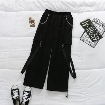 Koreansk Tøj, Baggy Bukser Kvinder Streetwear Gothic Black Cargo Bukser Kvinder Plus Size Bånd Kæde Femme Pantalon Ropa De Mujer
