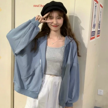 Hættetrøjer Kvinder Solid Zip-up Korean Style Drop-skulder Preppy Stil Simple Mode Hooded Smarte Tunika Efteråret Søde Fritids-Ins Blød