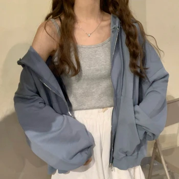 Hættetrøjer Kvinder Solid Zip-up Korean Style Drop-skulder Preppy Stil Simple Mode Hooded Smarte Tunika Efteråret Søde Fritids-Ins Blød