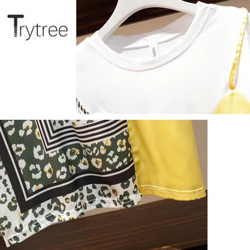 Trytree 2020 Sommeren Kvinder To delt sæt Afslappet O-hals Patchwork Print Løs T-shirt, Top + Nederdel Uregelmæssige Mode 2 delt Sæt
