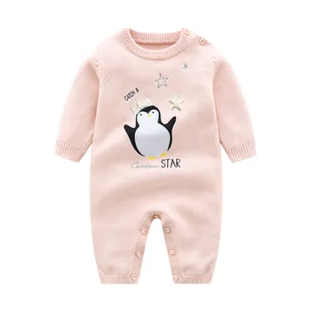 0-24M Vinter Småbørn Tøj Romper Pige Pink Tegnefilm Penguin langærmet Strik O Hals Varm Jumpsuits + Hat Sæt Til Nyfødte Baby
