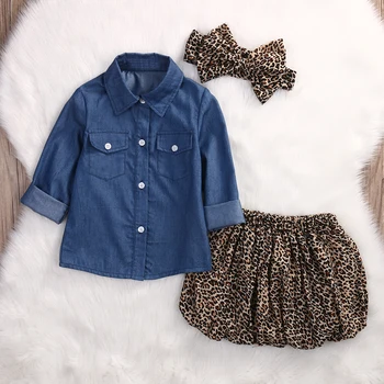 3 stykker langærmet Denim Skjorte Top og Leopard Nederdel Til Toddler Pige med Efteråret Tøj